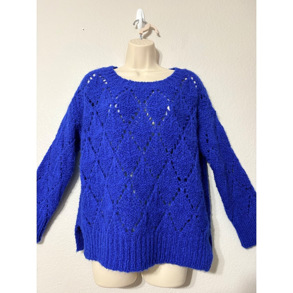 Anthropologie Sleeping on Snow‎ Blue Alpaca Blend Diamond Pointelle Sweater XS